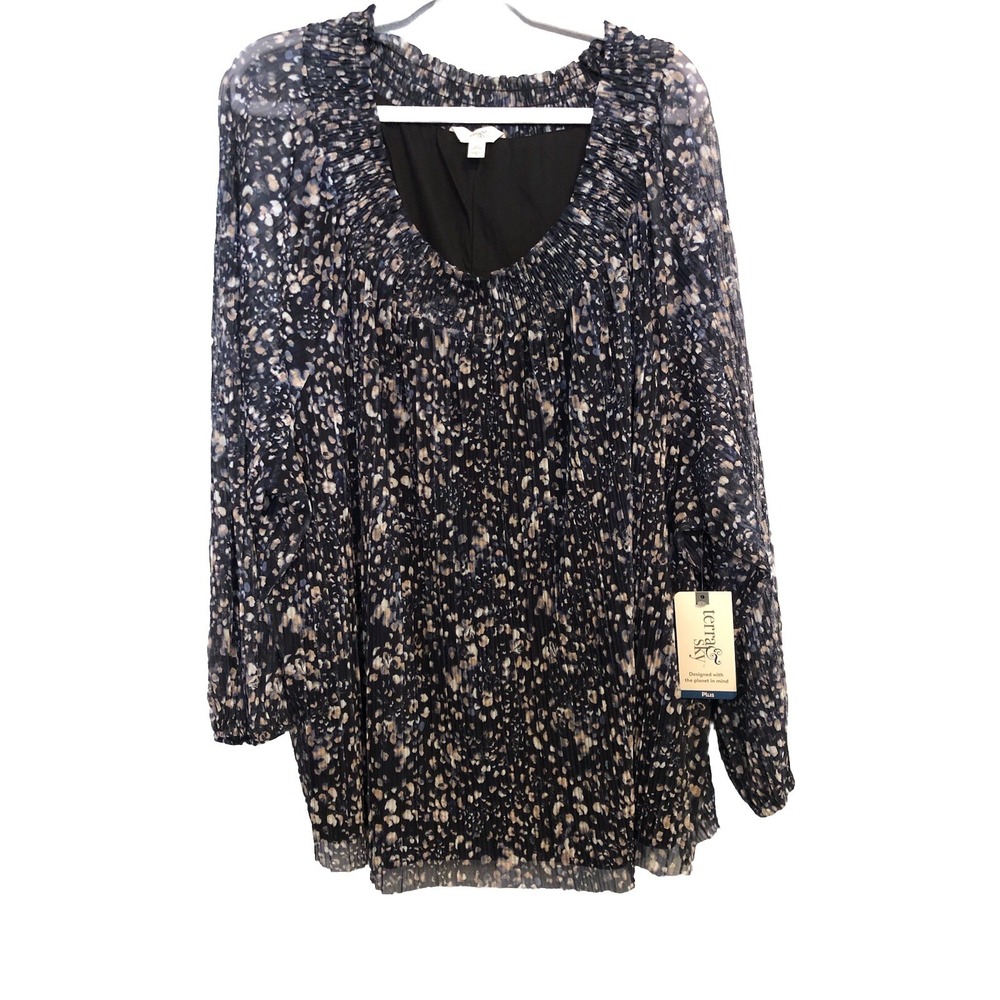 Terra & Sky Womens Tunic Mesh Top 3X Long Sleeve Feather Dot Shirt Boho Cottage